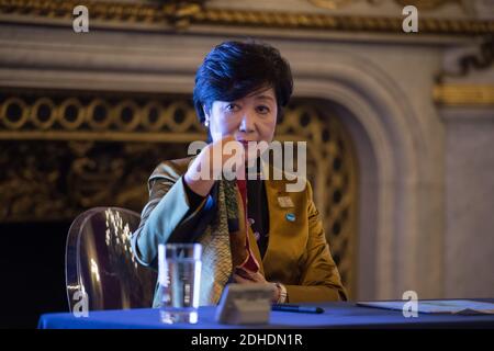 Il leader del partito di speranza e il governatore di Tokyo Yuriko Koike parla durante la riunione del Club di Parigi al Ministero degli Affari Esteri a Parigi, in Francia, il 23 ottobre 2017. Foto di Eliot Blondt/ABACAPRESS.COM Foto Stock