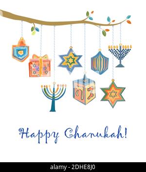 Hanukkah, o Chanukah, festa di luci, sfondo con simboli ebrei appesi da un ramo di albero: Dono, Dreidel, stella di Davide, menorah. Illustrat Foto Stock