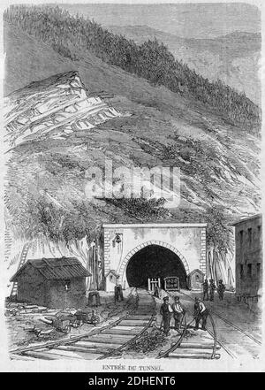 L'Illustration 1862 Gravure Percement du Mont Cenis 04, Entrée du tunnel. Foto Stock