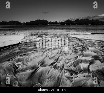 Modelli in creato da acqua da piccolo flusso di lavaggio attraverso spiaggia al bordo dell'acqua Foto Stock