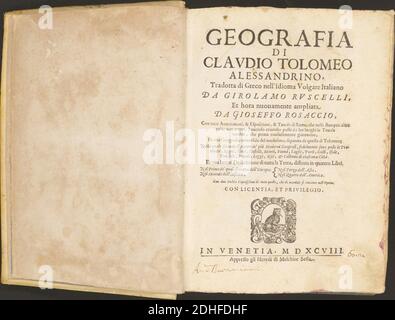 La Geografia di Claudio Tolomeo Alessandrino, Tradotta di Greco nell'Idioma volare Italiano da Girolamo Russcelli (1598) 02. Foto Stock