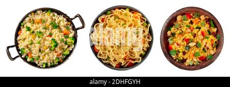 Set di contorni vegani, isolati su sfondo bianco. Riso vegetale, tagliatelle e couscous Foto Stock