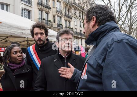 Jean-Luc Mélenchon, Daniele Obono e Bastien Lachaud durante la dimostrazione dei dipendenti dell'ispettorato del lavoro dinanzi al Ministero del lavoro per protestare per il rispetto delle libertà sindacali dopo le sanzioni contro alcuni dei loro colleghi a seguito di posizioni mediatiche. Parigi, Francia, il 14 dicembre 2017. Foto di Samuel Boivin / ABACAPRESS.COM Foto Stock