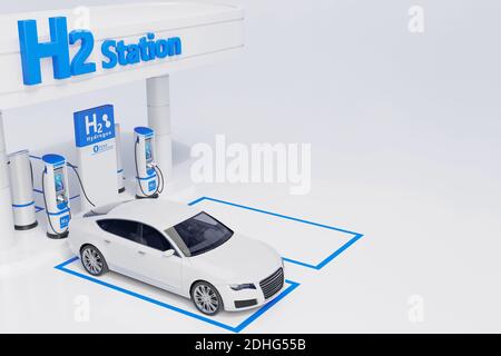 Impianto di ricarica per auto a idrogeno con design visivo di colore bianco. Illustrazione 3d Foto Stock