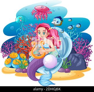 Sirena seduta sulla conchiglia e animale di mare in illustrazione stile cartone animato Illustrazione Vettoriale