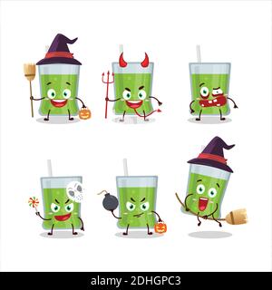 Emoticon di espressione di Halloween con carattere cartoon di succo di mela verde. Illustrazione vettoriale Illustrazione Vettoriale