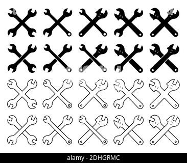 ampio set di icone chiave incrociate per la riparazione di varie forme. Vettore su sfondo bianco Illustrazione Vettoriale