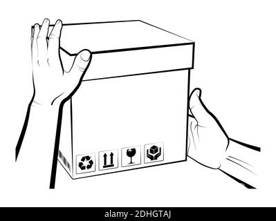 Custodia per mani da uomo con codici a barre e cartelli per vano di carico. Spedizione e consegna a domicilio. Regali e sorprese con consegna corriere. Vettore su sfondo bianco Illustrazione Vettoriale