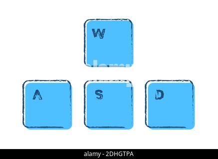 Set di tasti per la tastiera di gioco A W S D su sfondo bianco disegnato in inchiostro e colori blu. Vettore isolato Illustrazione Vettoriale