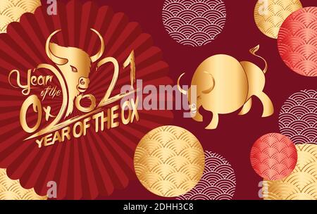 Vector Luxury festive greeting card per il Capodanno cinese 2021 con silhouette dorata di Ox, simbolo zodiaco di 2021 anni, cornice floreale e buona fortuna sig Illustrazione Vettoriale