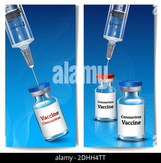Vaccinazione contro la seconda ondata di coronavirus - due bandiere verticali. Siringa e fiale. 3D realistico. Vettore. Illustrazione Vettoriale