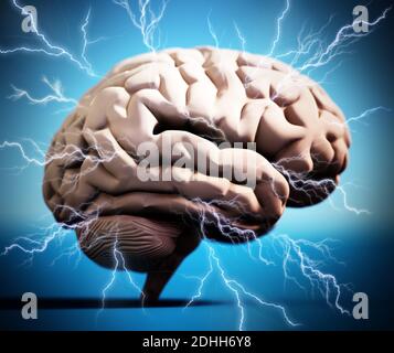 Fulmini intorno al cervello. Concetto di brainstorming. Illustrazione 3D. Foto Stock