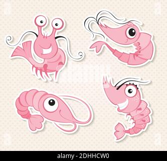 I fantastici adesivi per scampi disegnano i personaggi in stile cartoon. Illustrazione Vettoriale