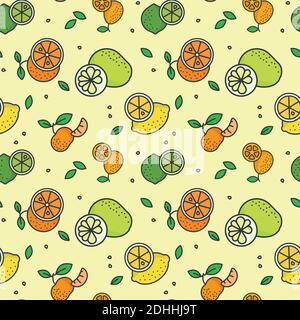 Carta da parati con motivo vettoriale senza cuciture Citrus Fruit Limoni, lime, pomeli, arance mandarini e kumquat su sfondo giallo pastello. Illustrazione Vettoriale