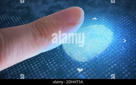 Concetto biometrico e di sicurezza. Scansione delle impronte digitali dal dito. Foto Stock