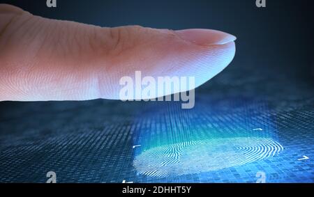 Scansione delle impronte digitali dal dito. Sicurezza e concetto biometrico. Foto Stock