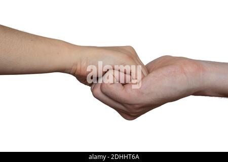 Concetto di assistenza e supporto. Due mani che tengono insieme. Isolato su sfondo bianco. Foto Stock