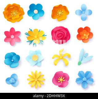 Carta arte fiori. 3d primavera origami rosa, margherita e fiore selvatico. Artigianato floreale colorato e realistico per matrimonio e festa decorazione insieme vettoriale Illustrazione Vettoriale