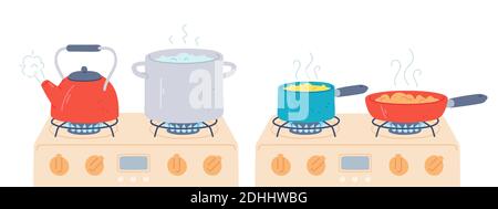 Pentola e padella su stufa. Preparare cibo e acqua bollente in pentola e bollitore con vapore su fornelli a gas da cucina. Cucina su fuoco vettore set Illustrazione Vettoriale
