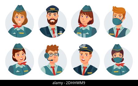 Avatar dell'equipaggio. Pilota di linea aerea, capitano di nave, stewardess, assistente di volo e icona rotonda di ingegnere di volo. Personale dell'aeroporto in set di vettori maschera Illustrazione Vettoriale