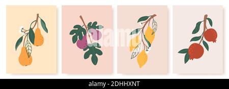 Poster di frutta astratta. Stampe moderne con frutta estiva, foglie e fiori. Rami di limone, pera e fico in un insieme vettoriale minimalista di stile artistico Illustrazione Vettoriale