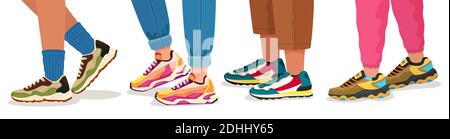 Piedi in sneakers. Gambe da passeggio maschili e femminili in scarpe sportive con calzini, pantaloni e jeans. Moda moda fitness calzature concetto vettoriale Illustrazione Vettoriale
