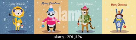Natale Animali Card Set carino gatto, leone, panda, coniglio. Raccolta disegnata a mano caratteri illustrazione vettore isolato Illustrazione Vettoriale