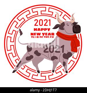 Happy Chinese 2021 biglietto d'auguri per il nuovo anno. Anno del bue. Carino toro cinese zodiaco simbolo tradizionale festa cartoon carattere. Illustrazione vettoriale Illustrazione Vettoriale