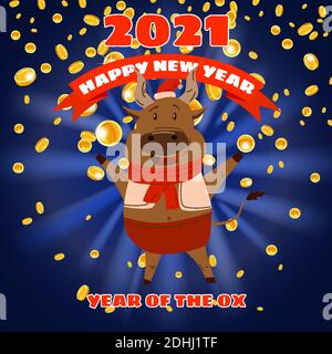 Happy Chinese 2021 biglietto d'auguri per il nuovo anno. Anno del bue. Carino denaro toro e oro. Cinese zodiaco simbolo tradizionale festa cartoon carattere Illustrazione Vettoriale
