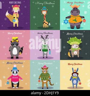 Animali di Natale Set carino hippo, volpe, gatto, panda, hedgehog, raccoon, cervi, coniglio, giraffe. Vettore di illustrazione dei caratteri della raccolta disegnati a mano Illustrazione Vettoriale