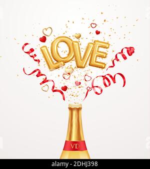 Iscrizione love elio palloncini su uno sfondo di confetti dorati e rosso swirling streamer nastri che volano da una bottiglia di champagne. Felice Illustrazione Vettoriale