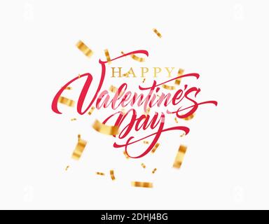 Scritta Happy San Valentino con confetti dorati e scintillanti isolati Sfondo bianco.illustrazione vettoriale Illustrazione Vettoriale
