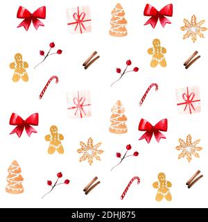 Simbolo di Natale con motivo senza cuciture: Un arco rosso, biscotti, cannella, bacche, regalo su sfondo bianco. Foto Stock