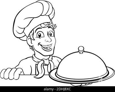 Chef Cook Baker Man Cartoon Holding Vassoio Domed Illustrazione Vettoriale