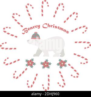 New Year e composizione natalizia con orso polare, canne caramelle e poinsettia Illustrazione Vettoriale