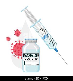 Vaccinazione contro il coronavirus Covid-19 con flaconcino di vaccino e siringa per il trattamento di prevenzione di covid19. Design moderno e piatto. Illusione vettoriale Illustrazione Vettoriale