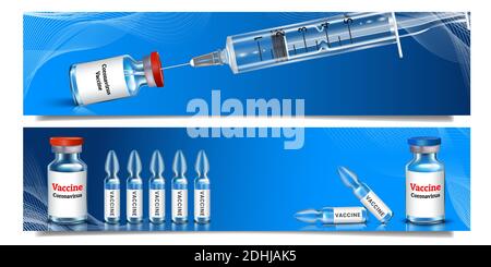 Due striscioni orizzontali blu di immunizzazione e vaccinazione contro Covid-19. Vaccino del coronavirus. Illustrazione realistica. Vettore. Illustrazione Vettoriale
