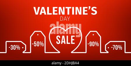 Banner di San Valentino. Etichetta prezzo profilo, forma del cuore e percentuale di sconto. Vector Imposta i coupon di prezzo in bianco su sfondo rosso per amore San Valentino Illustrazione Vettoriale
