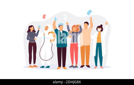 Un gruppo di persone che celebra la fine della quarantena. Illustrazione vettoriale Illustrazione Vettoriale