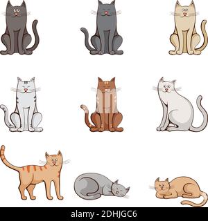 Impostare i gatti colorati su sfondo bianco. Illustrazione vettoriale. Illustrazione Vettoriale