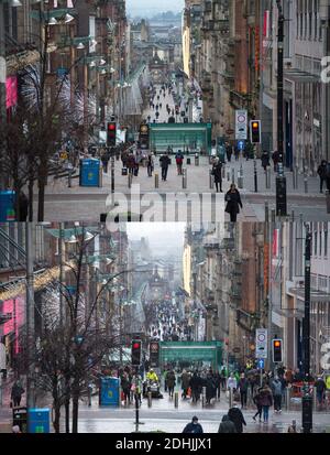 Glasgow, Scozia, Regno Unito. 11 Dicembre 2020. Nella foto: Guardando giù l'intera lunghezza di via Buchanan; (a sinistra) immagine presa 10 dicembre. (A destra) immagine fatta oggi, 11 dicembre. Immagini composite prese a distanza di 24 ore, che mostrano la città di Glasgow ‘style Mile' che è Buchanan Street mostrando le scene tranquille quando era nella fase 4 blocco il 10 dicembre 2020. Oggi l'11 dicembre Glasgow è in fase 3 blocco dove tutti i negozi non essenziali sono aperti, dando agli acquirenti la possibilità di afferrare un affare last minute per Natale. Credit: Colin Fisher/Alamy Live News Foto Stock