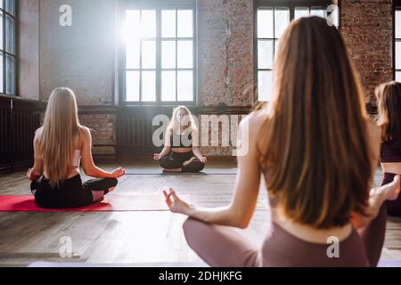 Quattro giovani donne fanno complesso di asana di yoga stretching in classe di stile loft. Le femmine meditano in posizione loto con gli occhi chiusi. Foto Stock