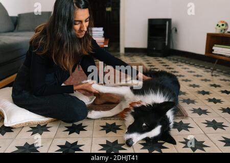 Sorridente padrona di donna indiana seduta sul pavimento e giocando con Bordo morbido cane Collie Foto Stock
