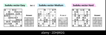 Gioco Sudoku con risposte. Semplice set di disegno vettoriale Sudoku. Modello vuoto. Illustrazione Vettoriale