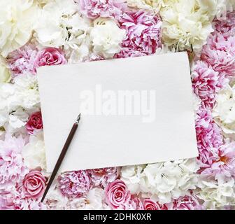 scrivania da lavoro con blocco note blu, penna gialla e carta bianca con  copiare lo sfondo dello spazio su sfondo rosa Foto stock - Alamy