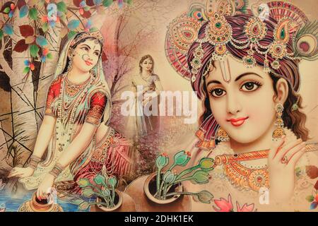 Krishna giocando il bansuri indiano (flauto) a Radha Foto Stock