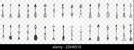 Set di freccette. Collezione di diverse eleganti frecce vintage disegnate a mano per archi isolati su sfondo trasparente. Illustrazione del tiro con l'arco e dei mezzi per sparare e segno di direzione Illustrazione Vettoriale