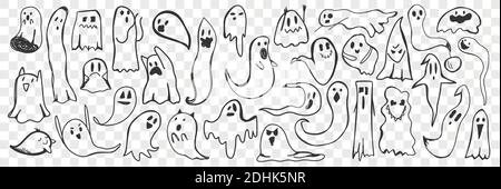 Ghost doodle Set. Raccolta di simpatici fantasmi spaventosi disegnati a mano di varie forme cercando di spaventare isolati su sfondo trasparente. Illustrazione di halloween costume tipico, carattere Illustrazione Vettoriale