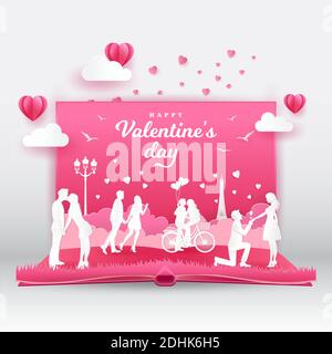 Biglietto d'auguri per San Valentino con coppie romantiche innamorate. Libro a comparsa digitale 3D con illustrazione vettoriale dello stile di taglio della carta Illustrazione Vettoriale