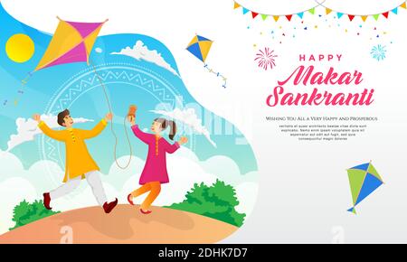 Happy Makar Sankranti biglietto d'auguri. Ragazzo e ragazza indiani che giocano kite festeggiando Makar Sankranti festival Illustrazione Vettoriale